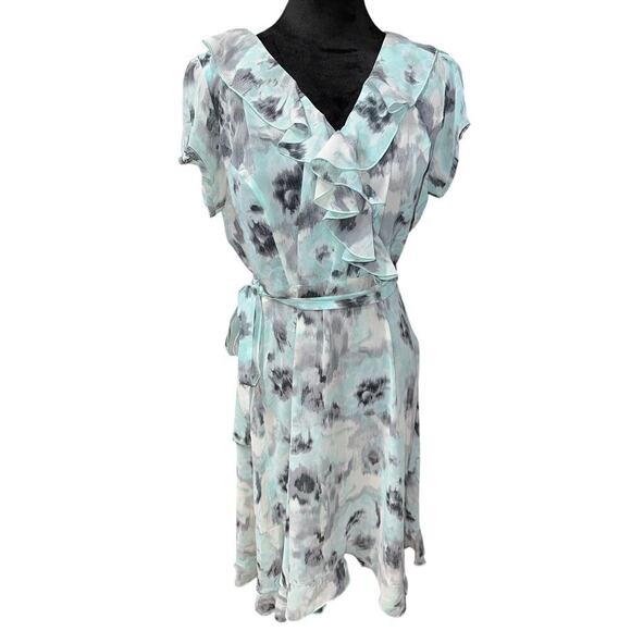 Blair Dresses & Skirts - Blair Faux Wrap Dress Watercolor  aqua gray 14P Ruffles Sheer Y2K Coquette Fairy